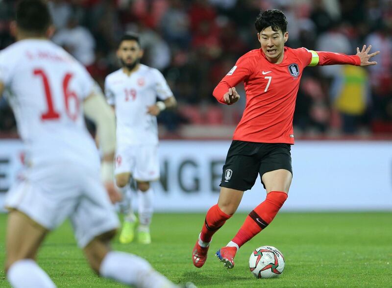 South Korea's forward Son Heung-Min runs with the ball during the AFC Asian Cup round of 16 soccer match between South Korea and Bahrain at the Rashid Stadium in Dubai, United Arab Emirates, Tuesday, Jan. 22, 2019. (AP Photo/Kamran Jebreili)