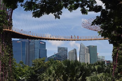 Visitors walk across the Supertree Grove skyway at Gardens by the Bay in Singapore on September 9, 2020, after the popular tourist attraction was reopened to the public on September 7 following closures due to restrictions to halt the spread of the COVID-19 coronavirus. (Photo by ROSLAN RAHMAN / AFP)