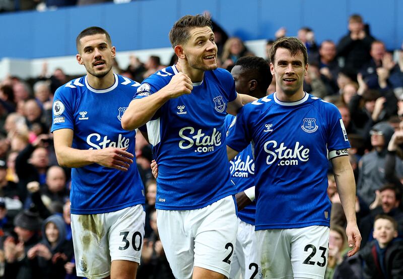 Everton's James Tarkowski celebrates with Conor Coady and Seamus Coleman after scoring the only goal in the 1-0 Premier League win against Arsenal at Goodison Park on February 4, 2023. Reuters