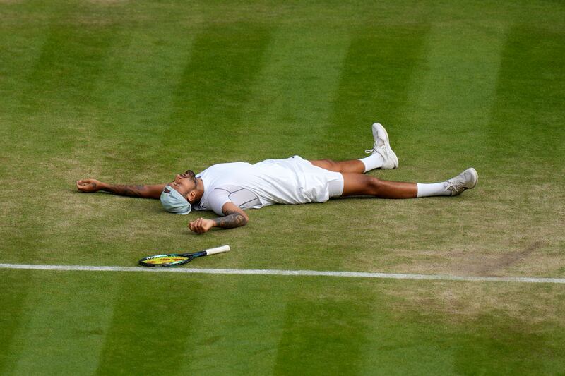 Australia's Nick Kyrgios after defeating Chile's Cristian Garin in their quarter-final match at the Wimbledon Championships in London, on July 6, 2022. AP 