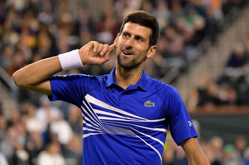 Novak Djokovic, of Serbia, reacts to the crowd after wining a point against Bjorn Fratangelo at the BNP Paribas Open tennis tournament Saturday, March 9, 2019, in Indian Wells, Calif. (AP Photo/Mark J. Terrill)