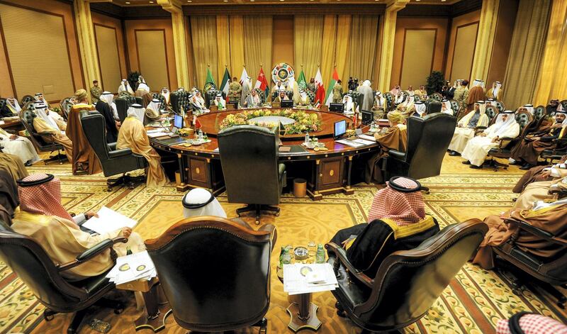 epa06366478 A general view of the foreign ministers meeting ahead of the 38th Gulf Cooperation Council (GCC) Summit, at Bayan palace in Kuwait City, Kuwait, 04 December 2017. Gulf Cooperation Council (GCC) Foreign Ministers held their 144th meeting ahead of the 38th Summit on 05 and December.  EPA-EFE/NOUFAL IBRAHIM *** Local Caption *** 53935305