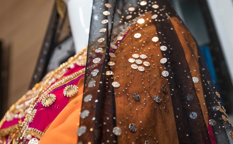 Emirati finalist Shaikha Al Gaithi has employed golden Telli embroidery, sequins, coin embellishments and pearls in her design.