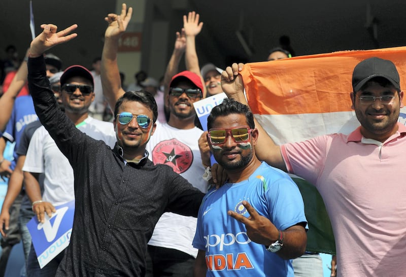 Dubai, United Arab Emirates - September 23, 2018: India fans before the game between India and Pakistan in the Asia cup. Sunday, September 23rd, 2018 at Sports City, Dubai. Chris Whiteoak / The National