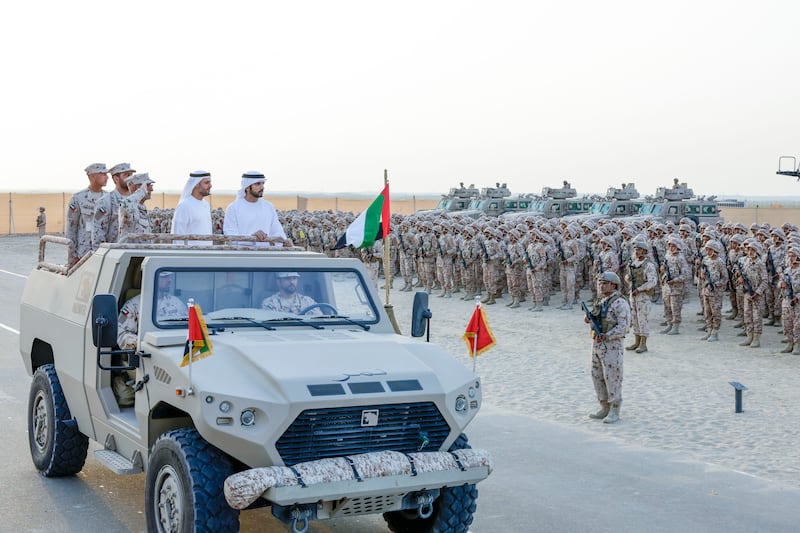 Sheikh Hamdan bin Mohammed, Crown Prince of Dubai, attends the graduation of the 18th cohort of the national military service at Seih Hafeir in Abu Dhabi. All photos: Wam