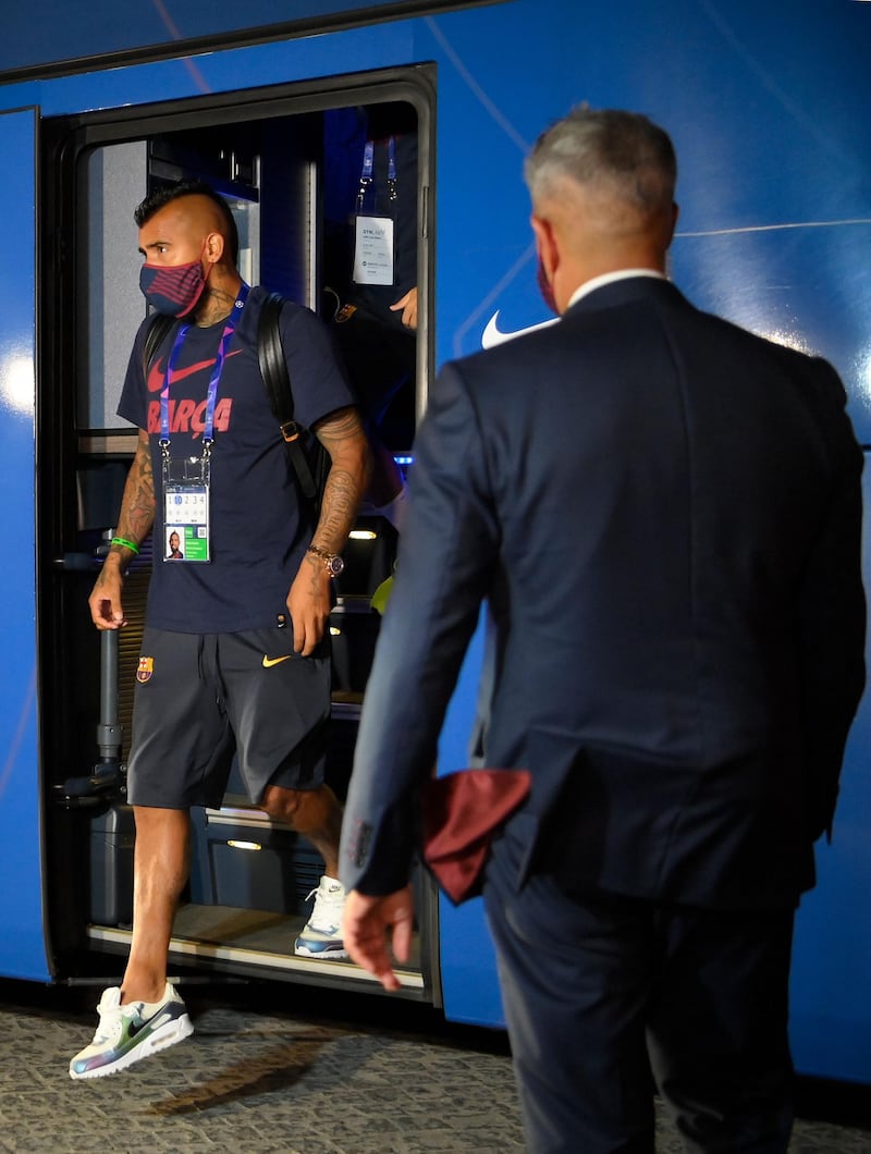 Barcelona's Chilean midfielder Arturo Vidal arrives at the team's hotel. AFP