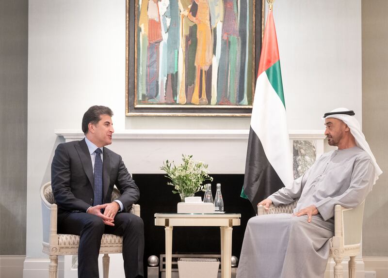 Sheikh Mohamed bin Zayed, Crown Prince of Abu Dhabi and Deputy Supreme Commander of the Armed Forces, meets Nechirvan Barzani, President of Iraq's Kurdistan Region, in London. Ministry of Presidential Affairs