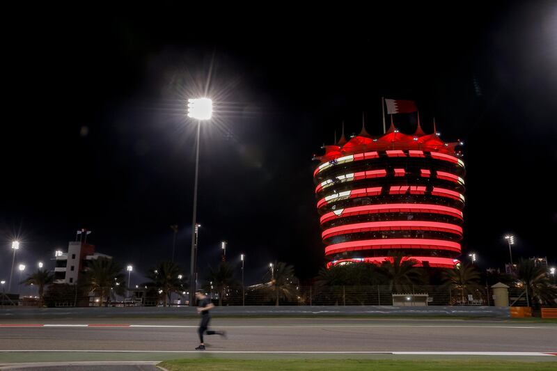 The tower at the Sakhir circuit in Bahrain is illuminated. The F1 Grand Prix of Bahrain will take place on March 28. EPA