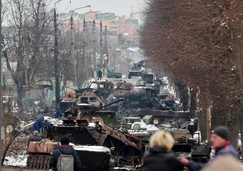 Destroyed military vehicles in the town of Bucha, Ukraine, on March 1. Reuters