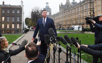 epa07225203 Chariman of the 1922 Committee Sir Graham Brady speaks to the media outside parliament in London, Britain, 12 December 2018. Theresa May will face a challenge to her leadership on 12 December 2018 after 48 letters calling for a contest were delivered to the Chariman of the 1922 Committee. May will find out her future after Conservative Members of Parliament vote between 18:00 GMT and 20:00 GMT later in the evening.  EPA/ANDY RAIN