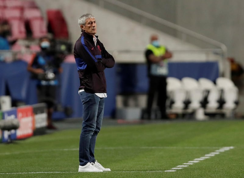 Quique Setien on the sidelines during Barcelona's defeat to Bayern Munich in the Champions League quarter-finals. Reuters