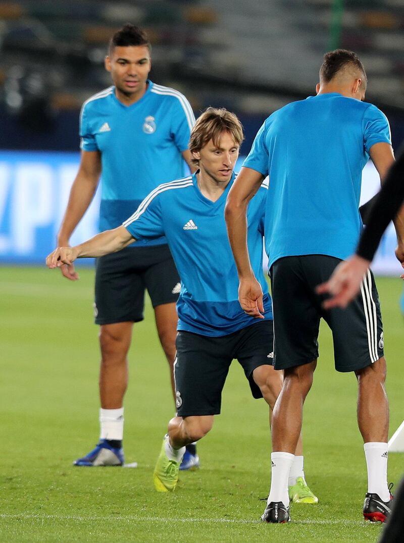 Abu Dhabi, United Arab Emirates - December 21, 2018: Luca Modric of Real Madrid trains ahead of the Fifa Club World Cup final. Friday the 21st of December 2018 at the Zayed Sports City Stadium, Abu Dhabi. Chris Whiteoak / The National