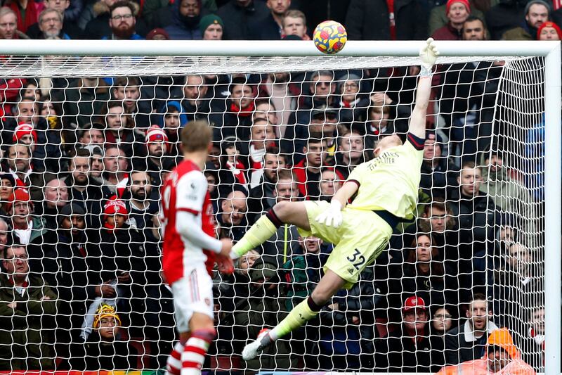 ARSENAL RATINGS: Aaron Ramsdale - 8: Brilliant save from in-form goalkeeper to tip Shelvey shot into crossbar in first half. AFP