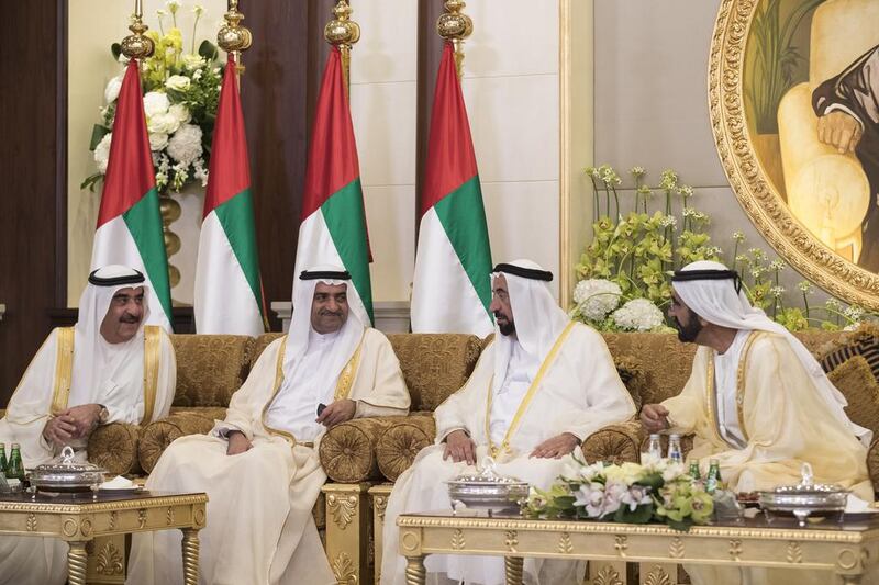 Sheikh Mohammed bin Rashid, Vice President and Ruler of Dubai, with Sheikh Saud bin Rashid Al Mualla, Ruler of Umm Al Quwain, Sheikh Hamad bin Mohammed Al Sharqi, Ruler of Fujairah, Dr Sheikh Sultan bin Mohammed Al Qasimi, Ruler of Sharjah, at an Eid Al Adha reception at Mushrif Palace. Ryan Carter / Crown Prince Court – Abu Dhabi