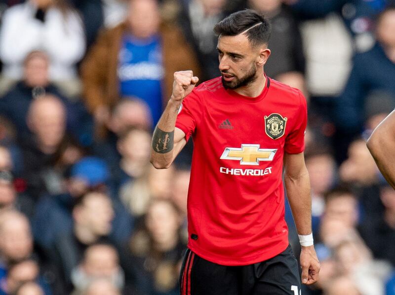 Bruno Fernandes celebrates after scoring against Everton. EPA