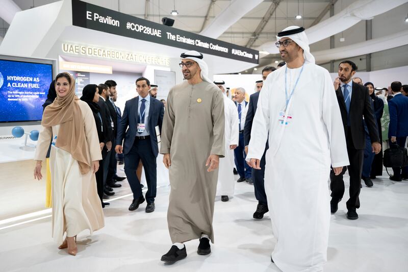 Sheikh Mohamed tours the conference with Dr Al Jaber. Rashed Al Mansoori / UAE Presidential Court 