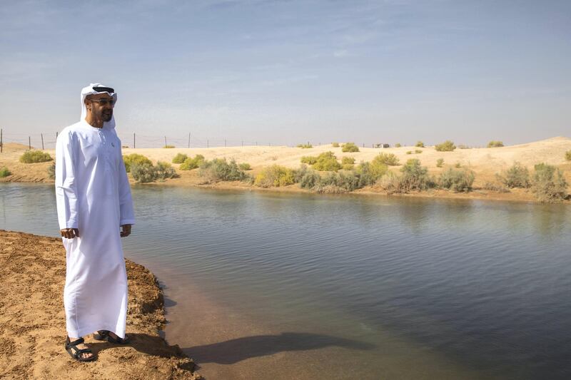 AL AIN, UNITED ARAB EMIRATES - January 16, 2019: HH Sheikh Mohamed bin Zayed Al Nahyan, Crown Prince of Abu Dhabi and Deputy Supreme Commander of the UAE Armed Forces (L), tours Ain Al Fayda lakes.

( Mohammed Al Blooshi )
---