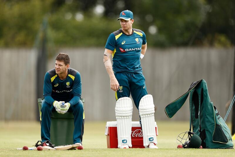 SOUTHAMPTON, ENGLAND - JULY 21: Tim Paine and Steve Smith of Australia look on during a training session at The Ageas Bowl in Southampton on July 21, 2019, ahead of the first Ashes cricket test match between Australia and England at Edgbaston. (Photo by Ryan Pierse/Getty Images)