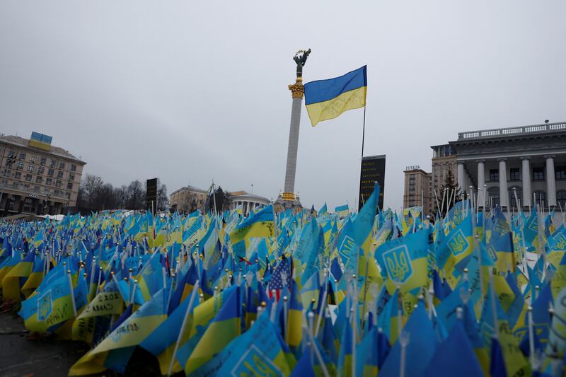 Flags representing fallen soldiers in Independence Square, Kyiv. Reuters