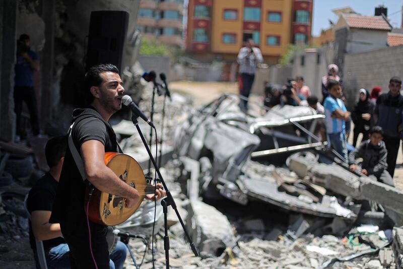 A Palestinian singer performs during a musical event calling to boycott the Eurovision Song Contest. Reuters