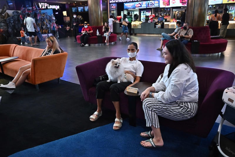 Dog owners and their pets wait in the wait in the cinema lobby. AFP