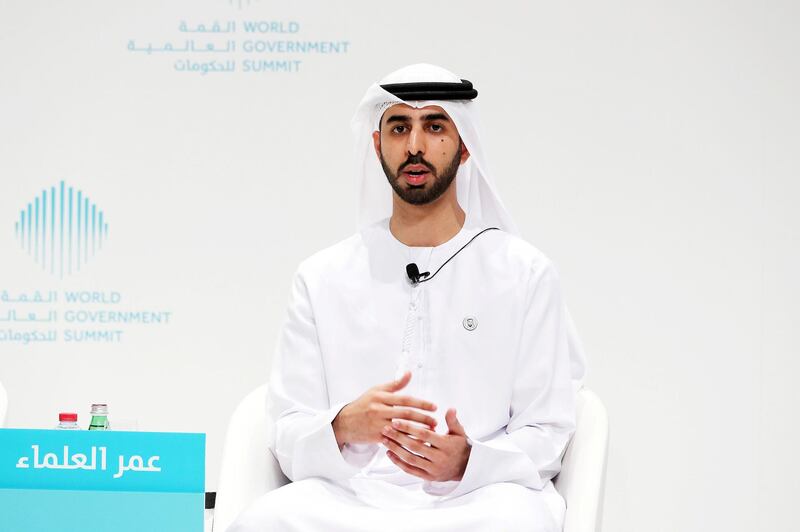 
DUBAI , UNITED ARAB EMIRATES , JAN 17 – 2018 :- Omar Bin Sultan Al Olama , Minister of State for Artificial Intelligence speaking during the World Government Summit press conference held at Jumeirah Mina A’Salam hotel in Dubai.  (Pawan Singh / The National) For News. Story by Caline Malek
