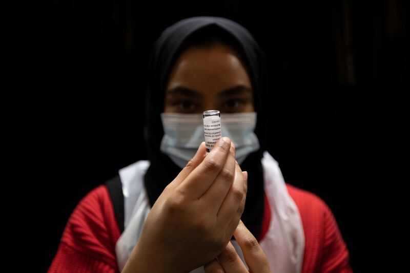 A nurse prepares the AstraZeneca jab at a mosque in London, England. Getty