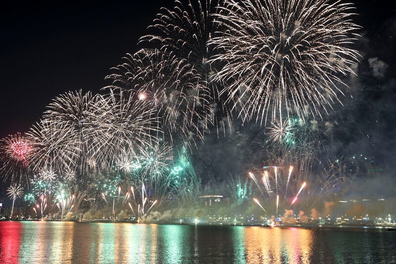 A spectacular fireworks display on the Corniche to mark the UAE's Golden Jubilee year in Abu Dhabi. Khushnum Bhandari / The National