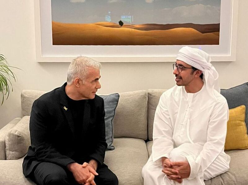 Yair Lapid, the former Israeli prime minister who is now opposition leader, and Sheikh Abdullah bin Zayed, Minister of Foreign Affairs, discuss the Gaza crisis. Wam