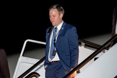 FILE - In this Oct. 13, 2018, file photo White House political director Bill Stepien, center, step off Air Force One as they arrives at Andrews Air Force Base, Md., after traveling with President Donald Trump to Richmond, Ky., for a rally. Bill Stepien has replaced Brad Parscale as Trump's campaign manager. (AP Photo/Andrew Harnik)