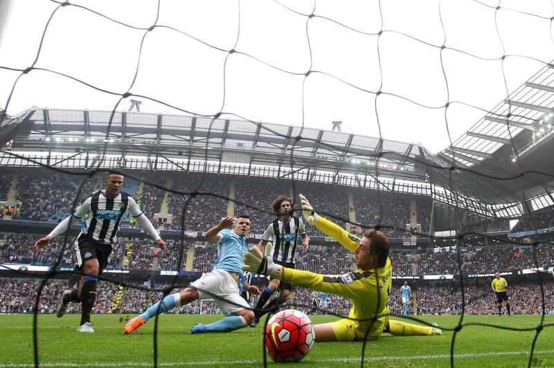 MANCHESTER, ENGLAND - OCTOBER 03:  Sergio Aguero of Manchester City celebrates scoring his fifth and team's six goal during the Barclays Premier League match between Manchester City and Newcastle United at Etihad Stadium on October 3, 2015 in Manchester, United Kingdom.  (Photo by Dean Mouhtaropoulos/Getty Images)