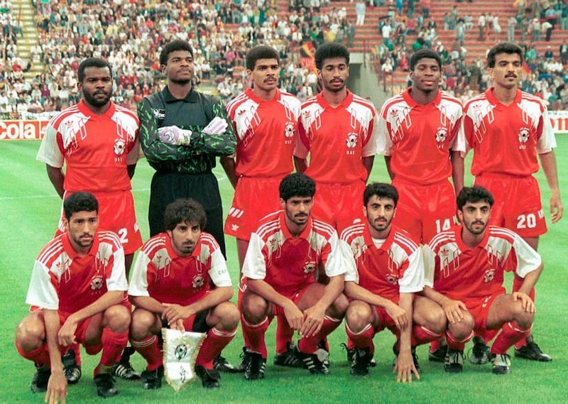 The UAE team that faced West Germany at Italia '90. Back row, left to right, Khalil Ghanim, Muhsin Musabah, Ali Thani, Khalid Ismail, Nasser Khamis, Yousuf Hussain. Bottom row: Hussein Ghoroum, Abdulrahman Mohammed, Adnan Talyani, Eisa Meer, Ibrahim Meer.