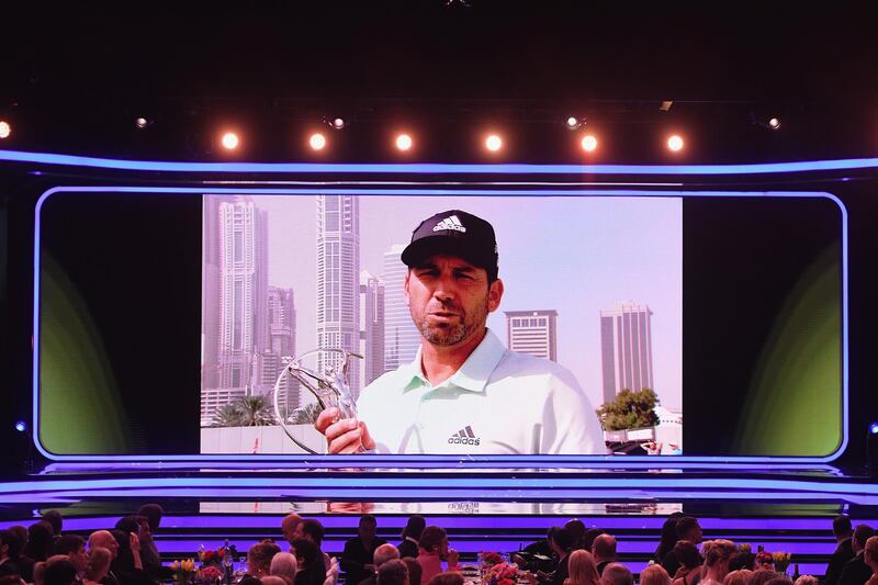 MONACO - FEBRUARY 27:  On the video screen Sergio Garcia holds his Laureus World Breakthrough of The Year 2018 Award during the 2018 Laureus World Sports Awards show at Salle des Etoiles, Sporting Monte-Carlo on February 27, 2018 in Monaco, Monaco.  (Photo by Stuart C. Wilson/Getty Images for Laureus)