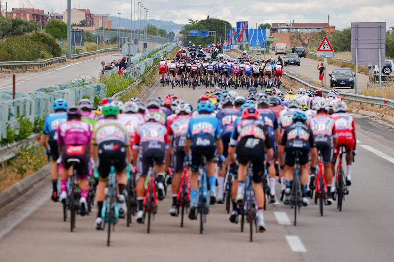 The pack bunches together on the eighth stage of the 2021 Giro d'Italia cycling race, during a 170-kilometre stretch between the city of Foggia and the town of Guardia Sanframondi. AFP
