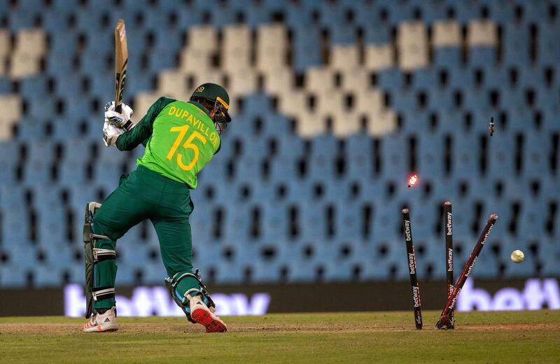 South Africa's batsman Daryn Dupavillon is bowled by Pakistan's bowler Shaheen Afridi. AP