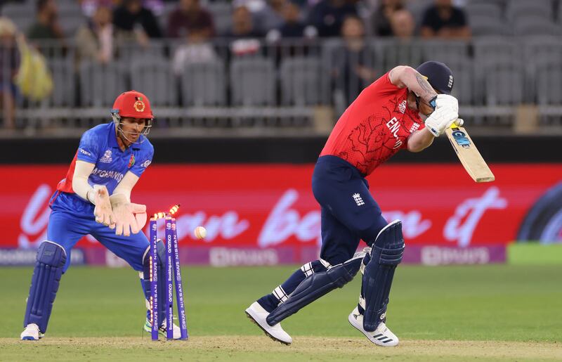 England batsman Ben Stokes is bowled by Afghanistan's Mohammad Nabi. EPA