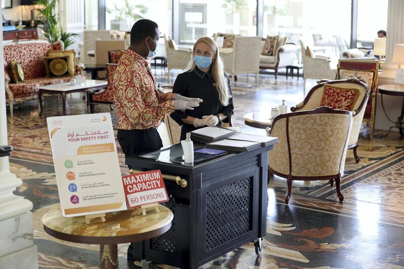 Dubai, United Arab Emirates - Reporter: N/A. Coronavirus/Covid-19. Duncan Gichana & Luliia Sliusar at the Mosaico lobby lounge in the Palazzo Versace hotel. Sunday, June 7th, 2020. Dubai. Chris Whiteoak / The National