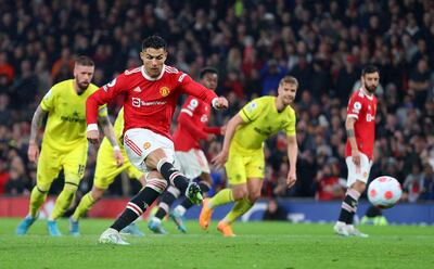 Cristiano Ronaldo scores from the spot for Manchester United against Brentford on May 2, 2022. Getty