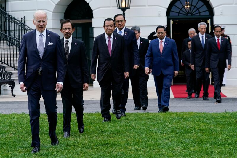 US President Joe Biden and leaders from the Association of South-East Asian Nations arrive for a group photo on the South Lawn of the White House in Washington last Thursday. AP Photo