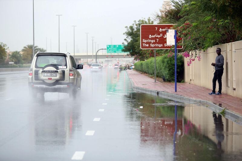Dubai, United Arab Emirates - March 28, 2019: The rain falls in Dubai. Thursday the 28th of March 2019, The Springs, Dubai. Chris Whiteoak / The National