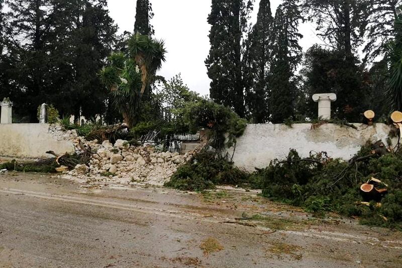 View of a damaged wall at a cemetery during Medicane (Mediterranean hurricane) Ianos on Zakynthos island, Greece. A rare hurricane-like cyclone in the eastern Mediterranean, a so-called 'Medicane', named Ianos is forecasted to make landfall  in Kefalonia, Ithaca and Zakynthos with winds reaching hurricane-force Category 1. EPA