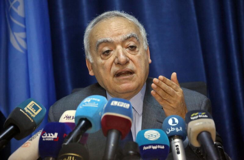 Ghassan Salame, UN special envoy for Libya and head of the UN Support Mission in Libya (UNSMIL), delivers a speech at the mission headquarters in the capital Tripoli on March 20, 2019.  / AFP / Mahmud TURKIA
