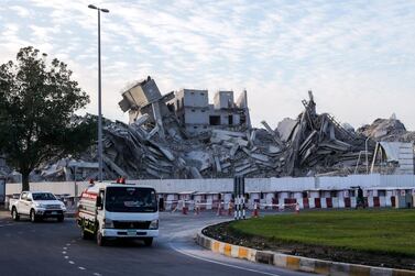 The remaining rubble after Mina Zayed Plaza towers were demolished in November last year. Victor Besa / The National