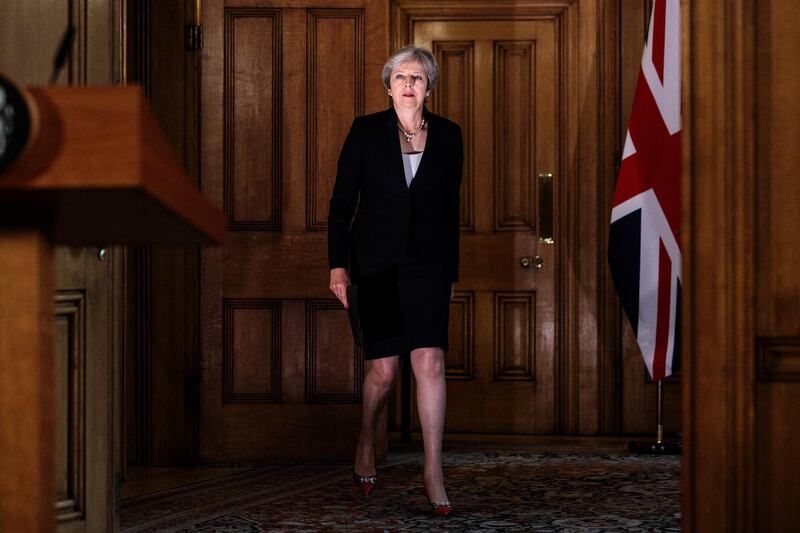 LONDON, ENGLAND - SEPTEMBER 21: British Prime Minister Theresa May arrives to make a statement on Brexit negotiations with the European Union at Number 10 Downing Street on September 21, 2018 in London, England. Mrs May reiterated that a no-deal Brexit is better than a bad deal in a speech to the British people after the EU rejected her Chequers Plan for leaving the European Union. She said the UK is at an impasse with the EU and the two big issues are trade and Ireland. (Photo by Jack Taylor - WPA Pool /Getty Images) *** BESTPIX ***