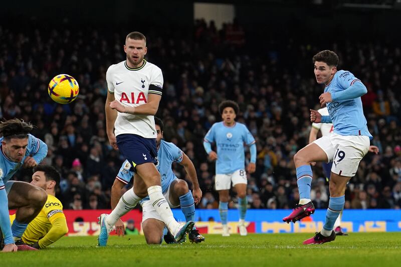 Julian Alvarez scores City's first goal soon after half-time. PA