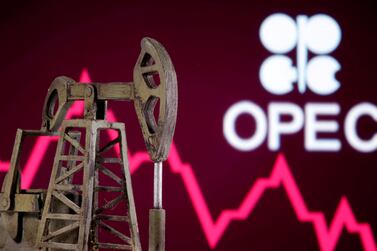 A 3D printed oil pump jack is seen in front of an Opec logo. The group and its allies need to be more flexible to regain market share and avoid a comeback by the shale industry. Reuters