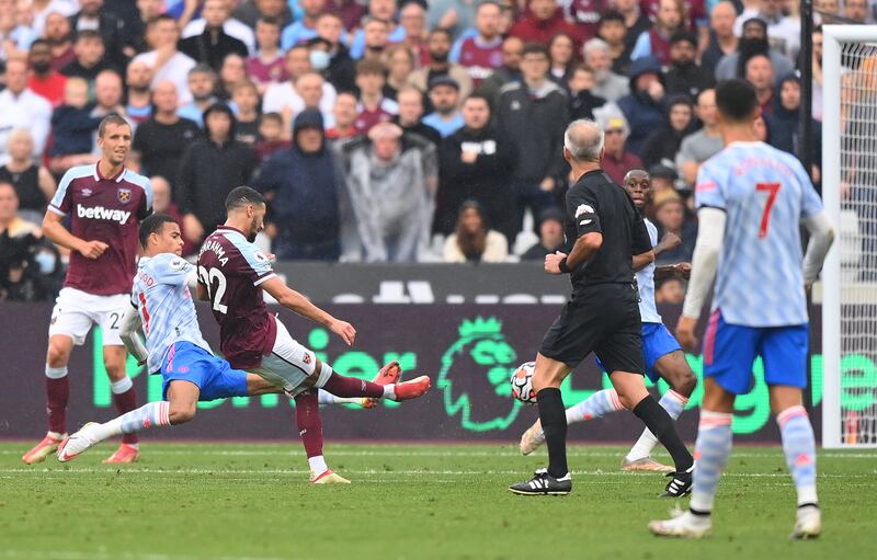 Said Benrahma shoots to score West Ham's opening goal against Manchester United. Getty Images