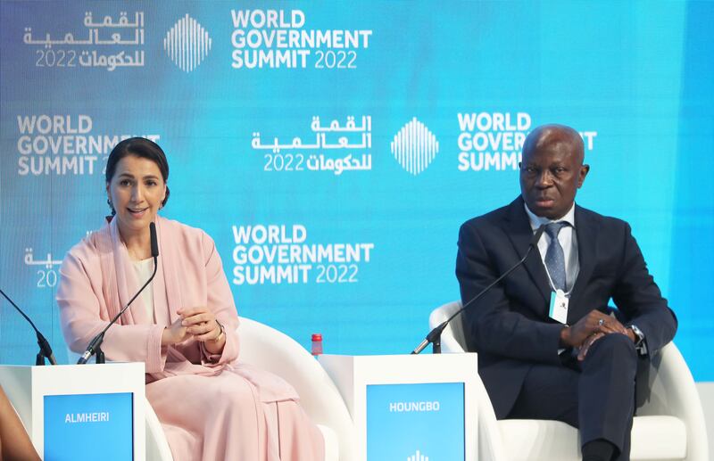 Mariam Al Mheiri, Minister of Climate Change and Environment, and Gilbert Houngbo, President of the International Fund for Agricultural Development, speak during a session at the World Government Summit. Pawan Singh / The National