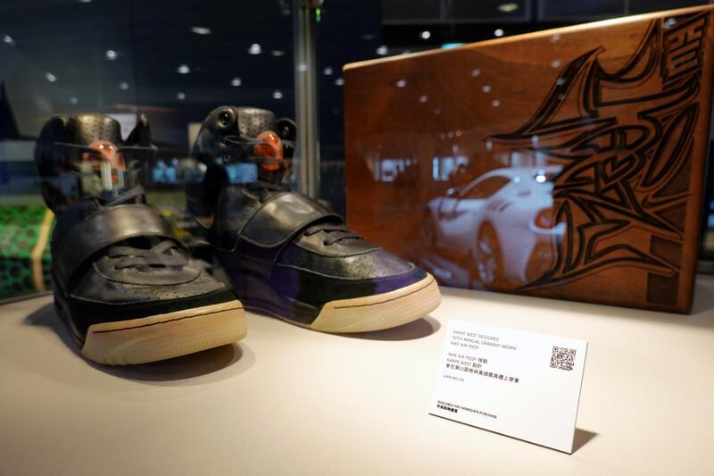 A pair of 'Nike Air Yeezy 1' prototype sneakers, designed by Kanye West, are displayed at the Hong Kong Convention and Exhibition Centre before going up for private sale at Sotheby's, in Hong Kong, China April 16, 2021. REUTERS/Joyce Zhou