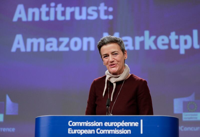 Margrethe Vestager gives a press conference on the antitrust case against Amazon Marketplace in Brussels. EPA